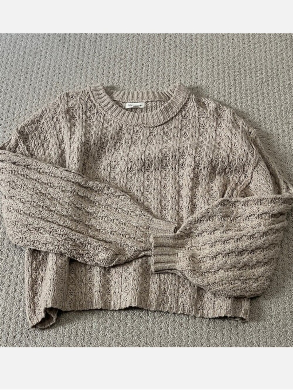 Blu Pepper Cable Knit Crewneck Balloon Sleeve Sweater - Beige